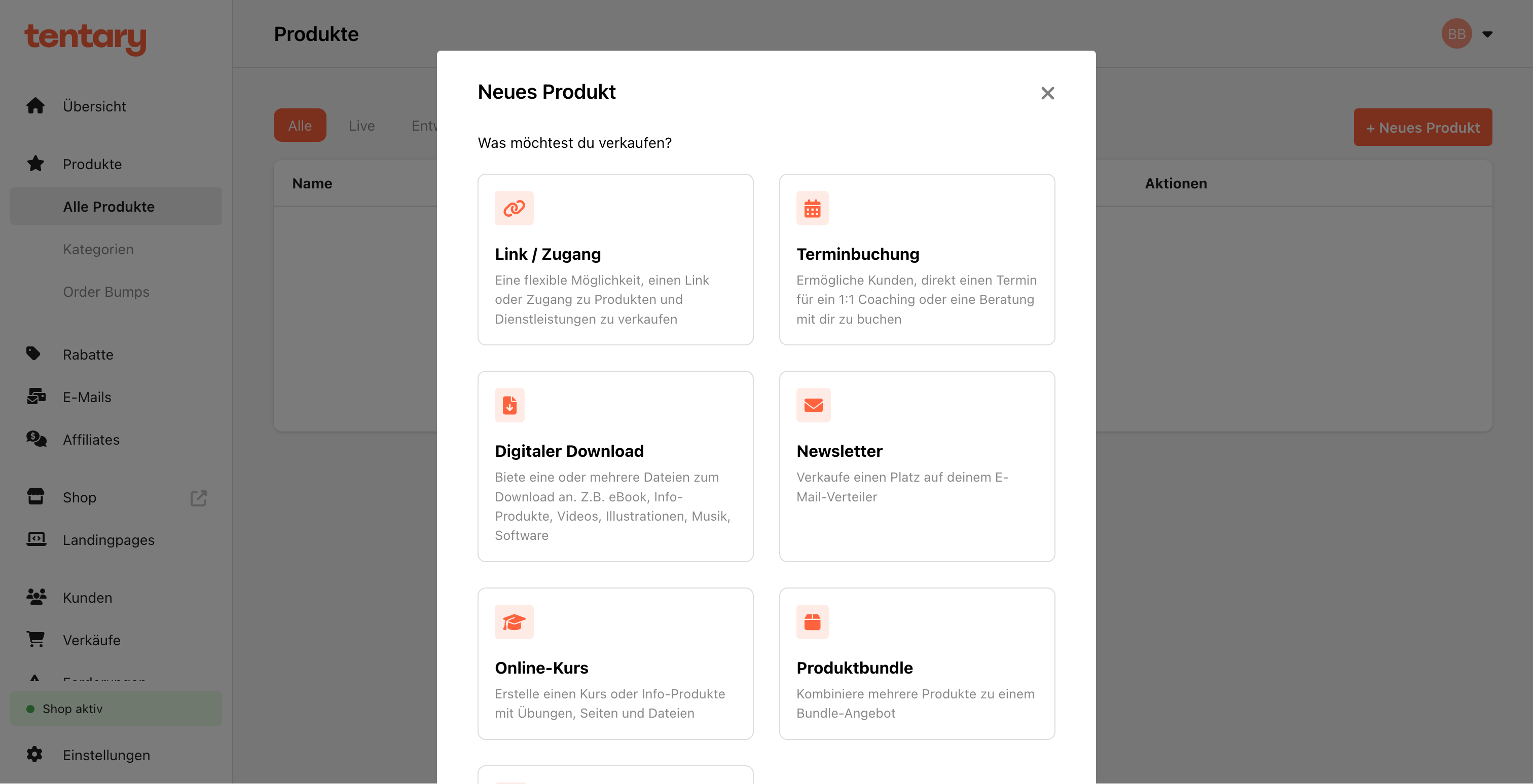 Der Screenshot zeigt die Benutzeroberfläche von Tentary, wo man digitale Produkte verkaufen kann.