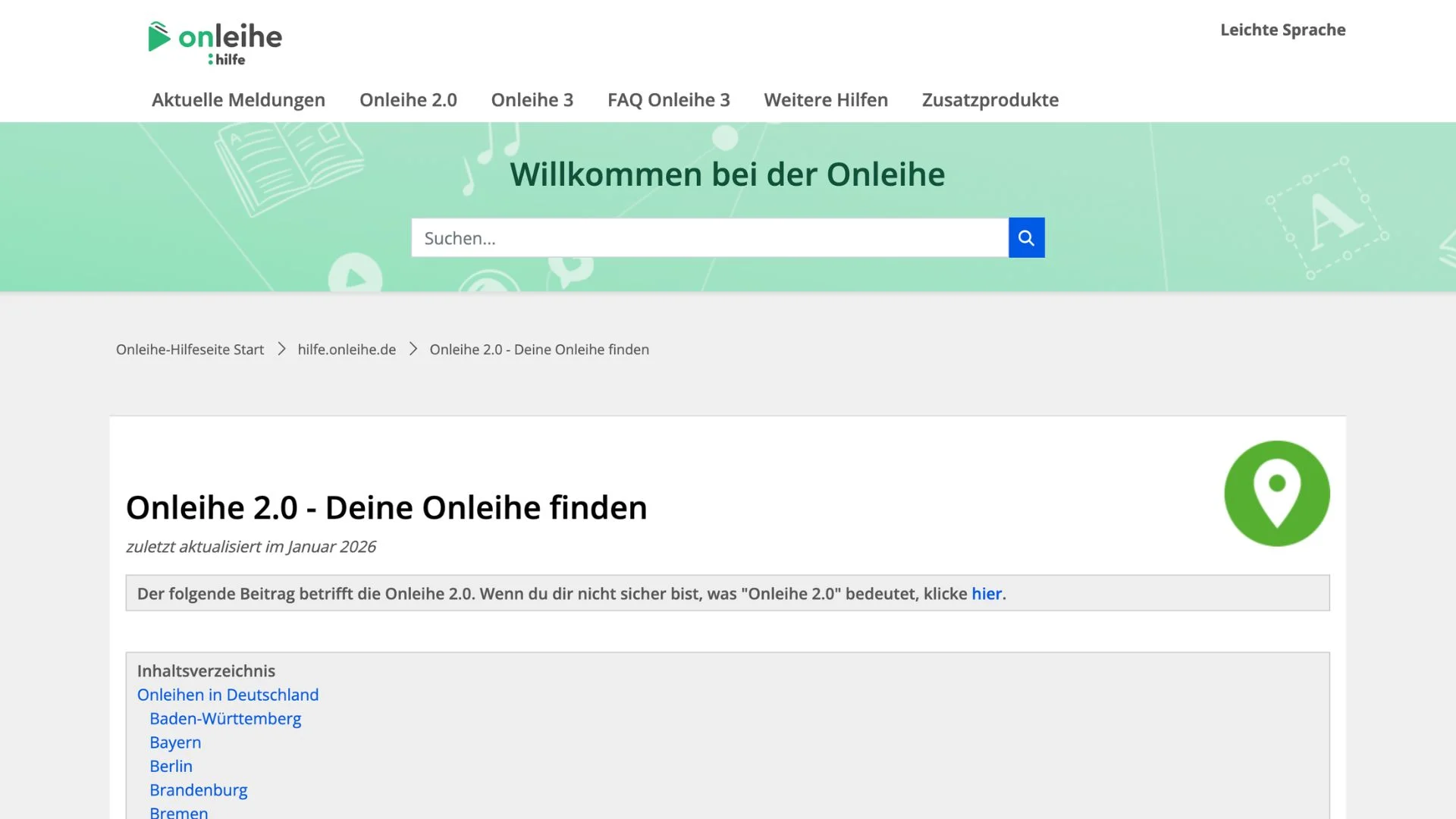 Der Screenshot zeigt den Hilfe-Bereich der Onleihe.