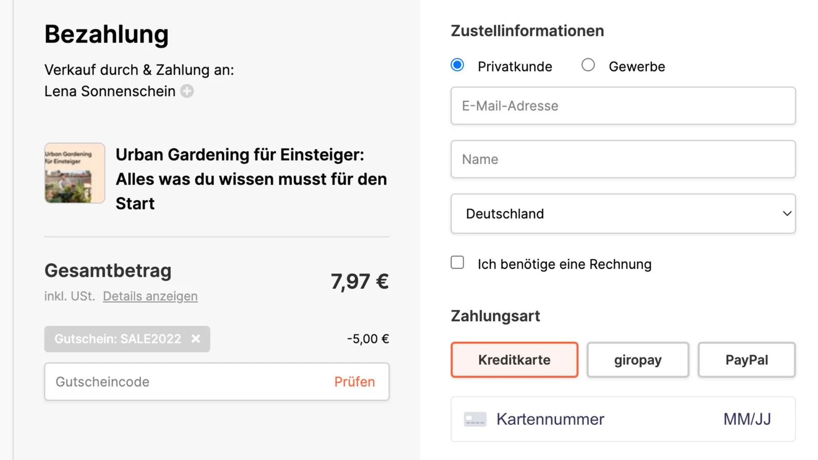 Der Screenshot zeigt den Bezahlvorgang bei Tentary inkl. Einlösen eines Gutscheins.