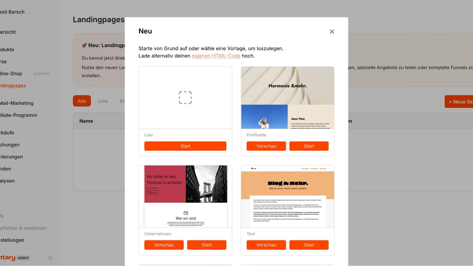 Der Screenshot zeigt die Design-Vorlagen bei Tentary.