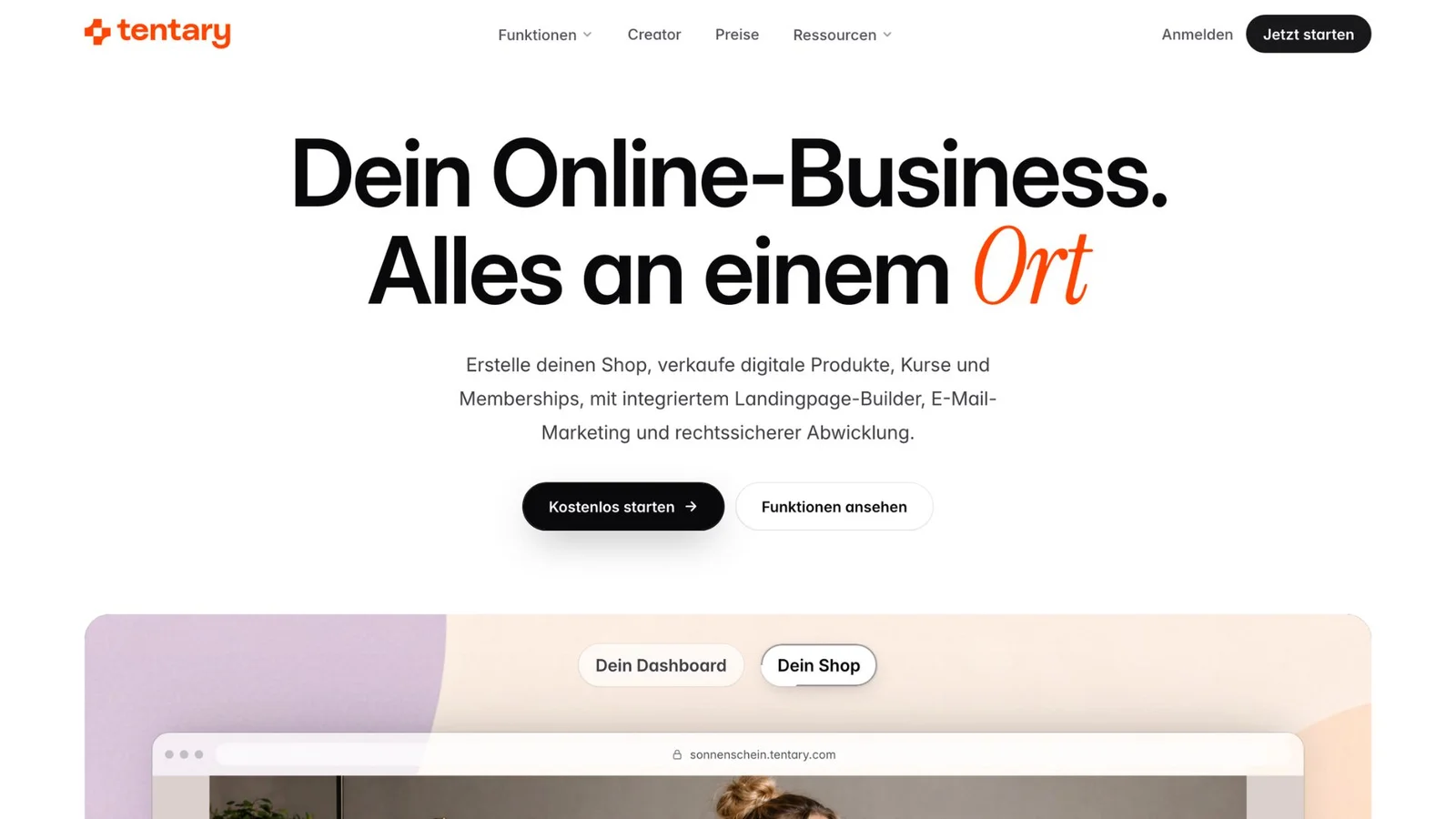 Der Screenshot zeigt die Startseite des All-in-One-Shopsystems Tentary.
