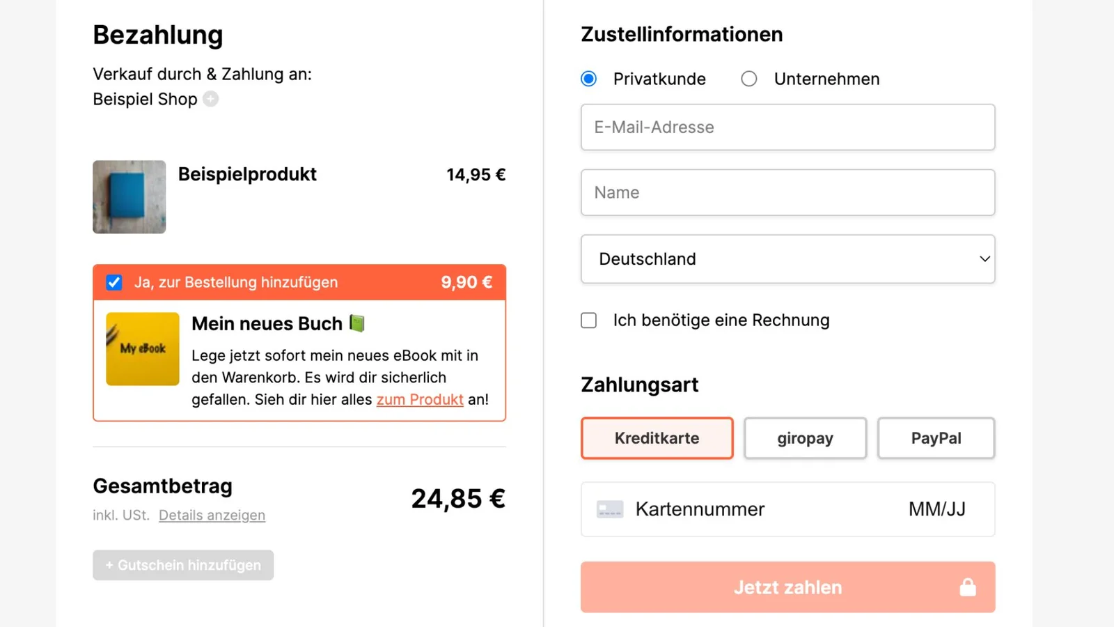 Der Screenshot zeigt den Checkout von Tentary mit einem Order Bump.