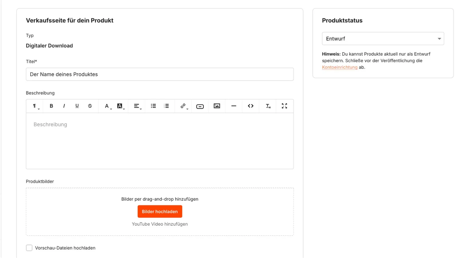 Der Screenshot zeigt das Backend von Tentary, wo du digitale Produkte anlegen kannst.
