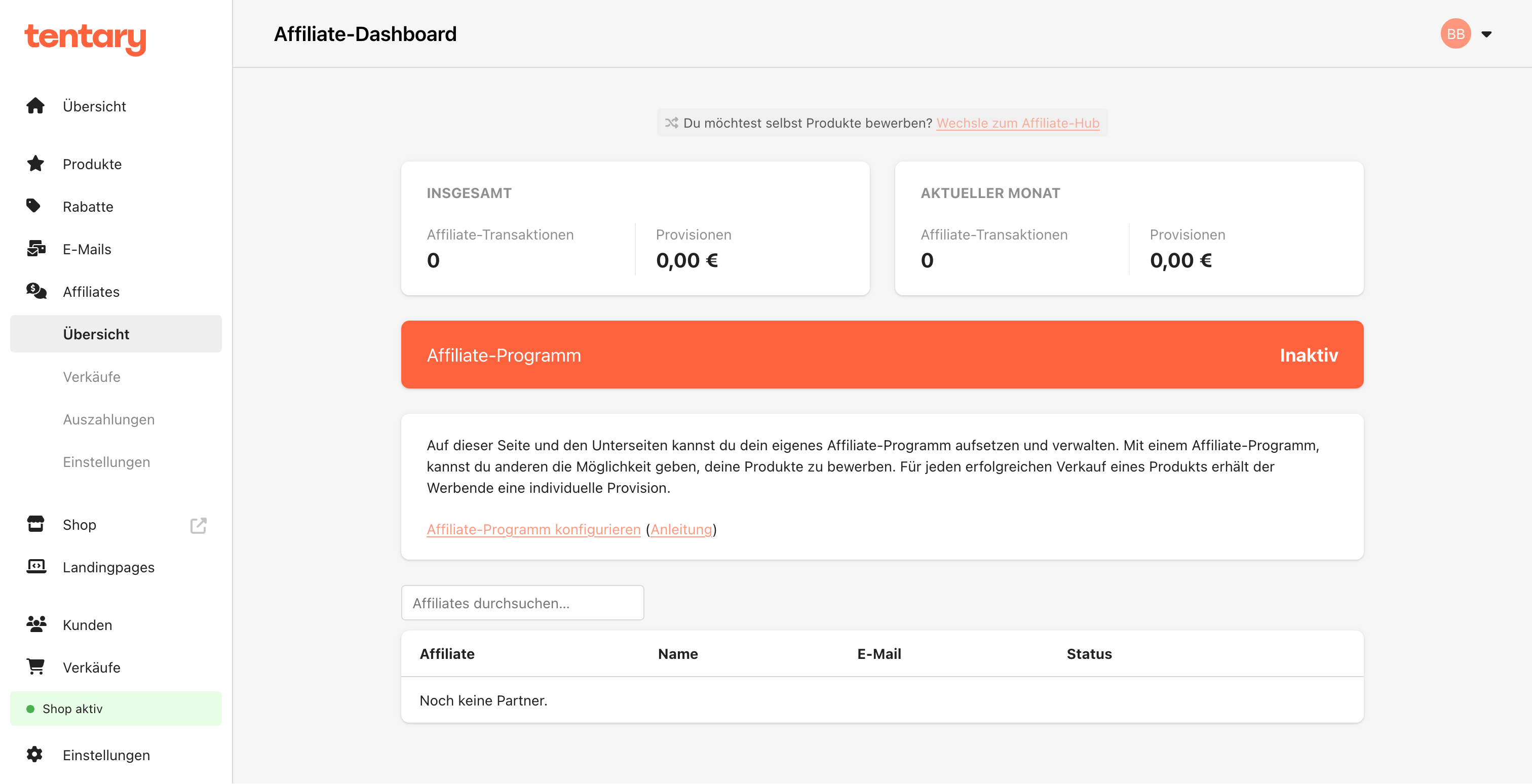 Ein Screenshot zeigt die Benutzeroberfläche von Tentary, auf der man ein eigenes Affiliate-Programm anlegen kann.