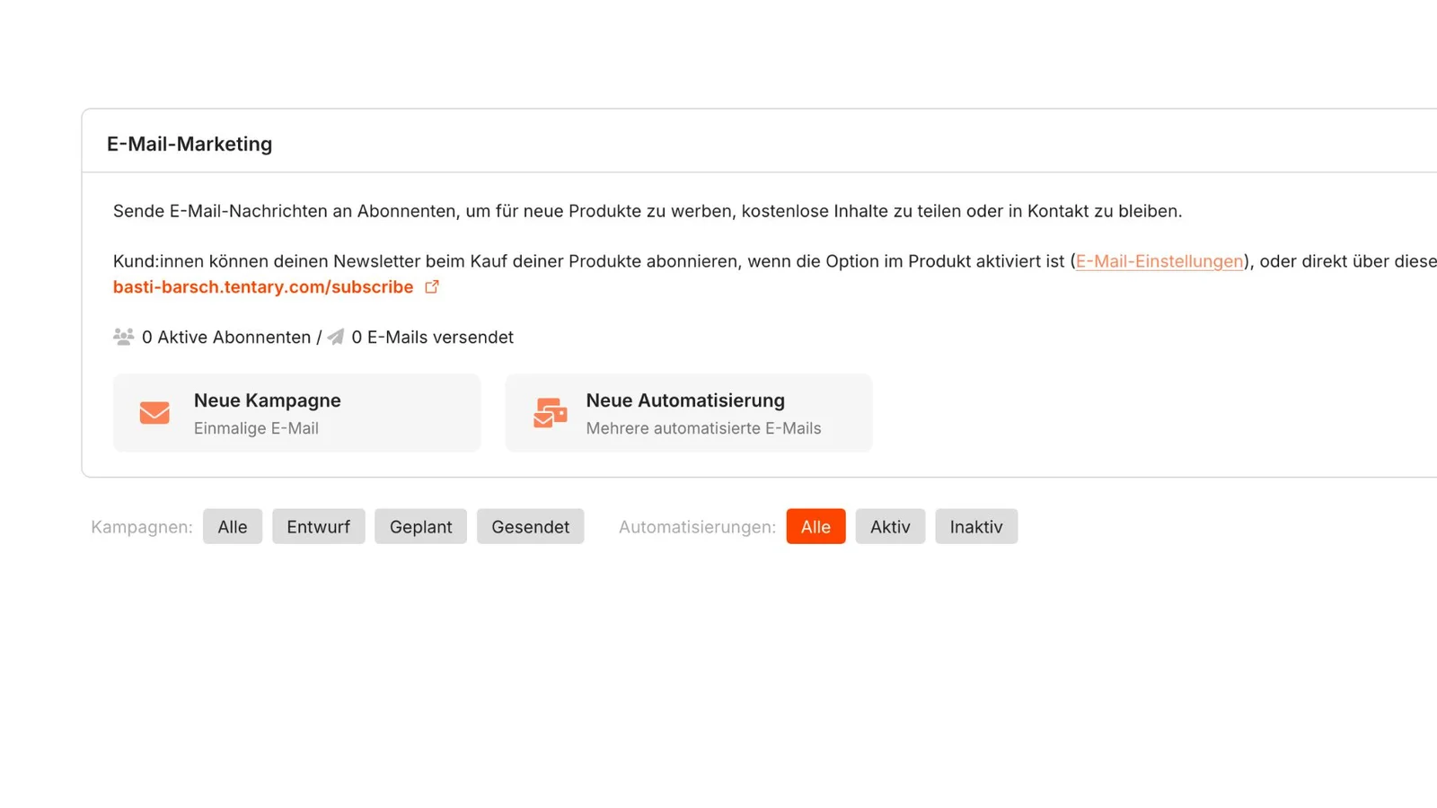 Ein Screenshot zeigt die Benutzeroberfläche für das E-Mail-Marketing auf Tentary.com.