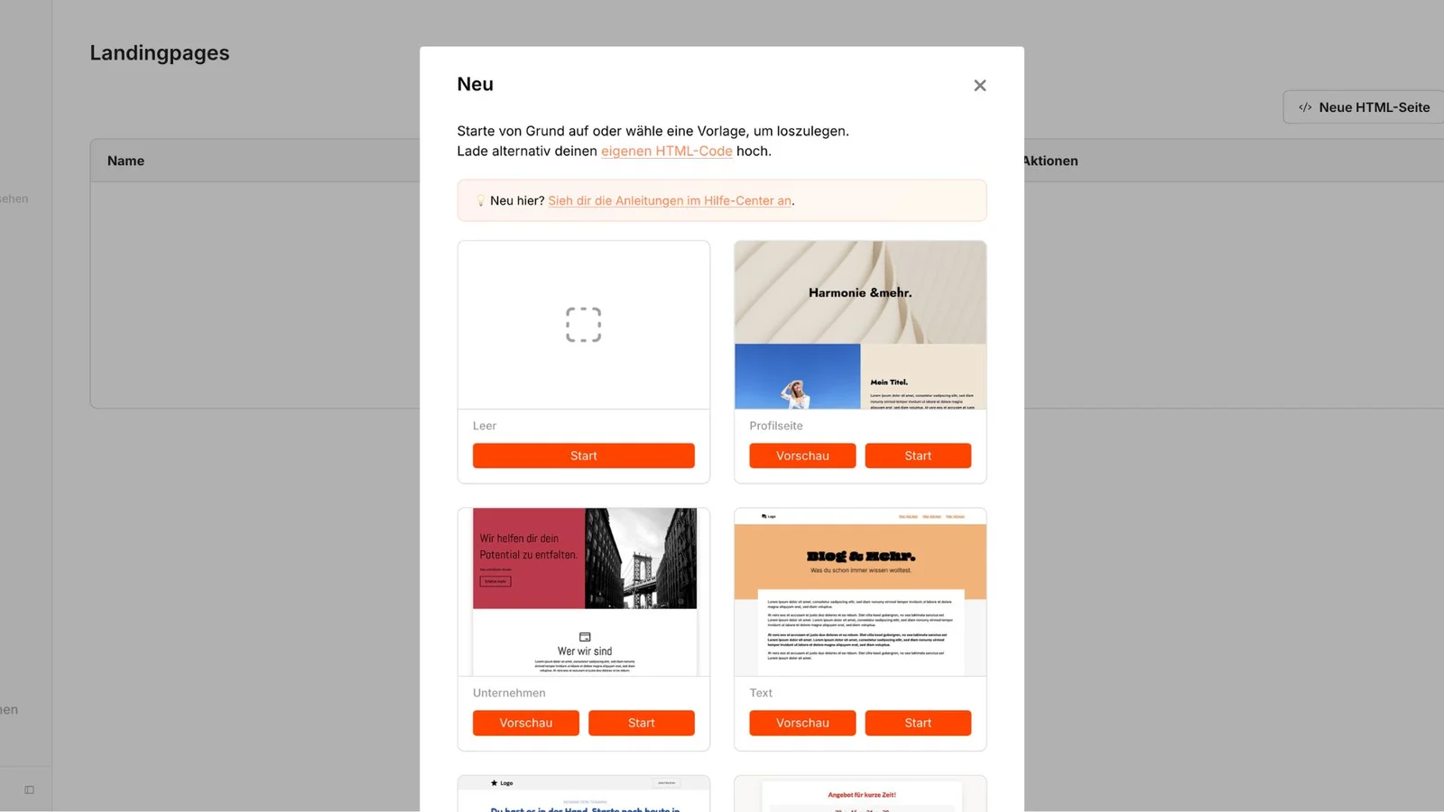 Ein Screenshot zeigt eine Auswahl an Vorlagen für Landingpages.