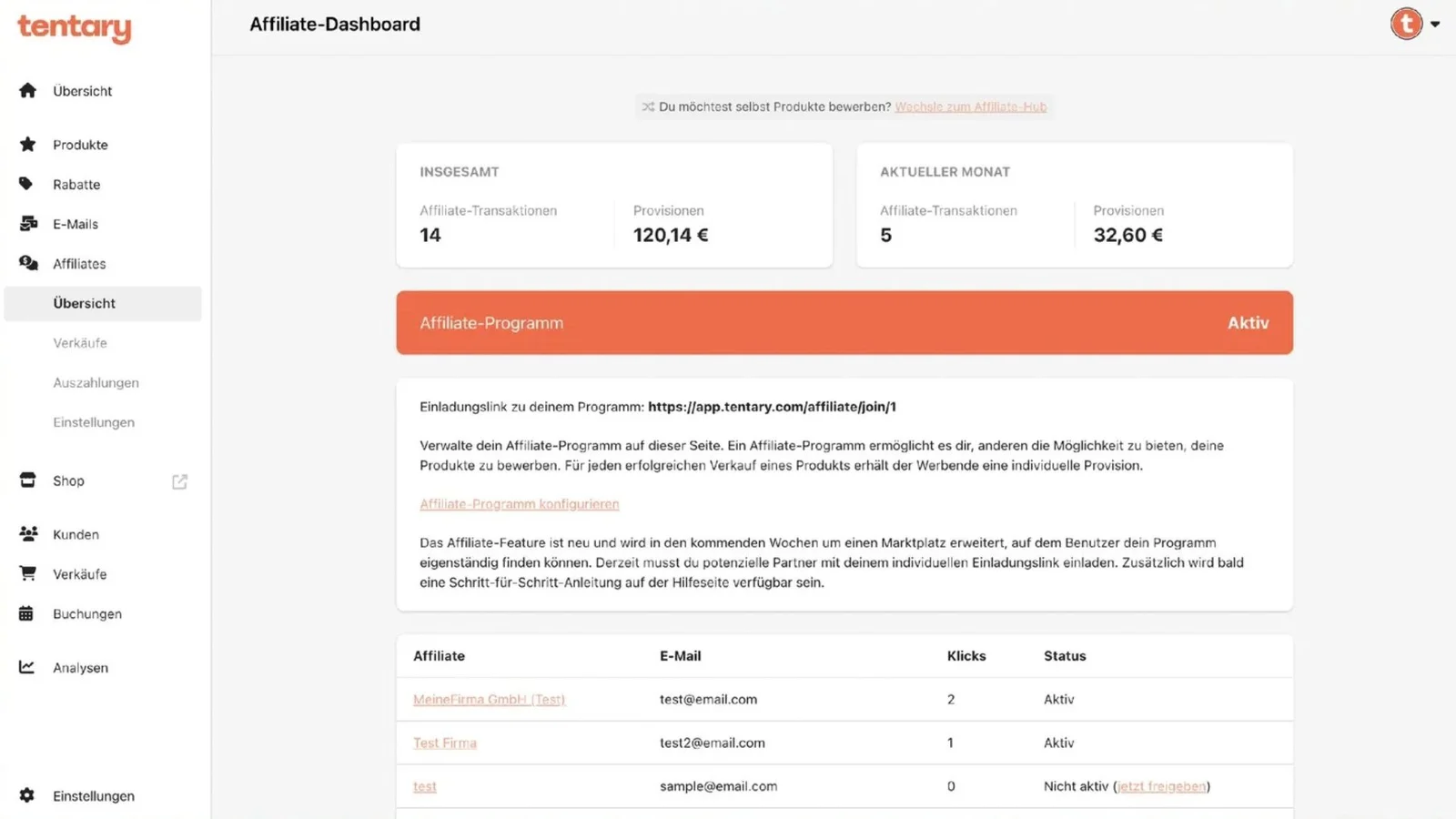 Ein Screenshot zeigt das Affiliate-Dashboard von Tentary.