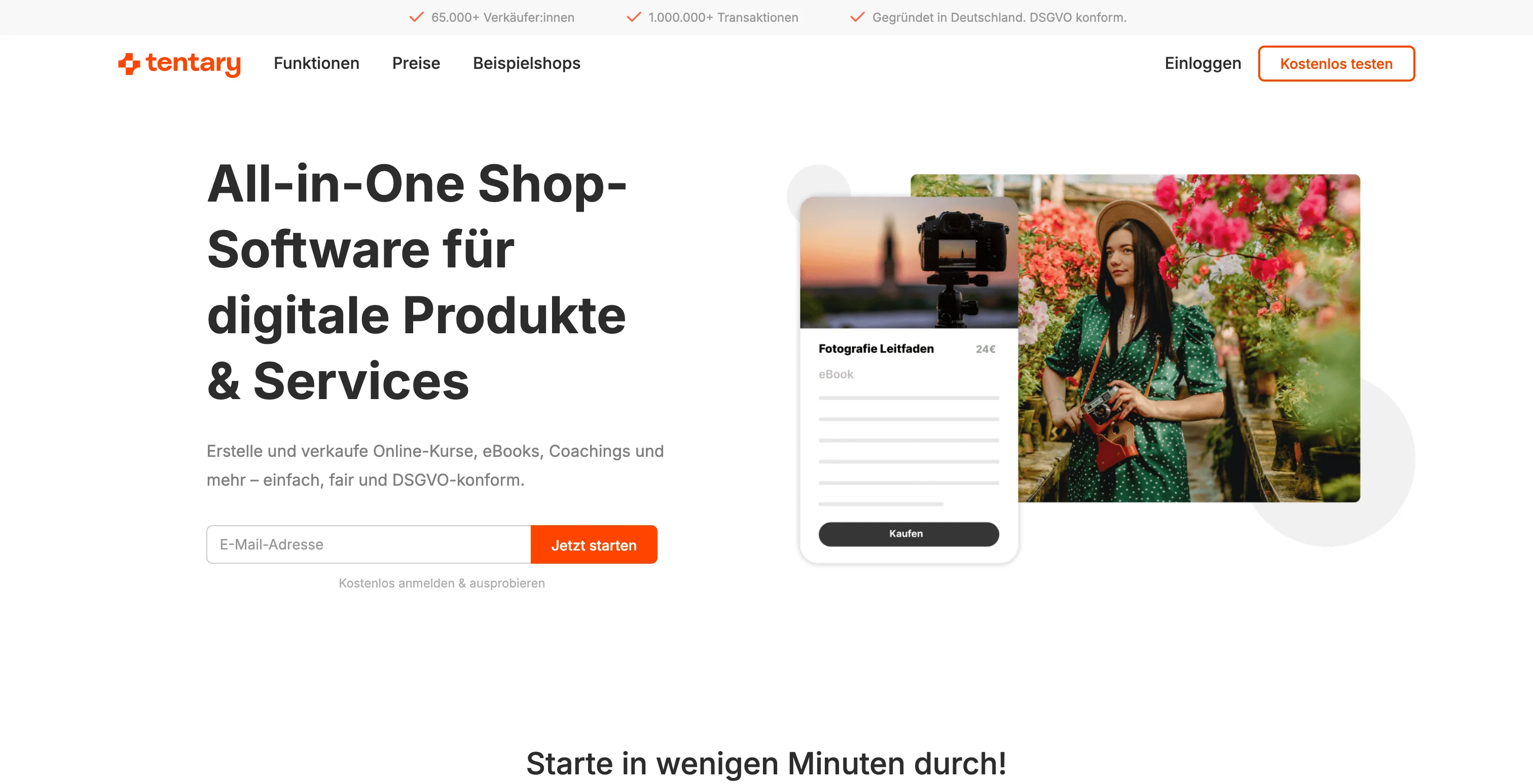 Die Startseite von Tentary.com, der All-in-One Shop-Software für digitale Produkte.