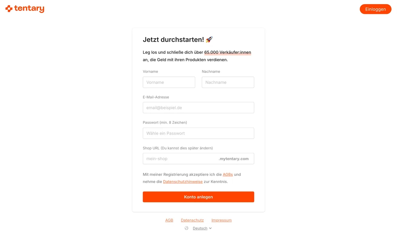 Das Registrierungsformular mit Name, E-Mail-Adresse und Passwort