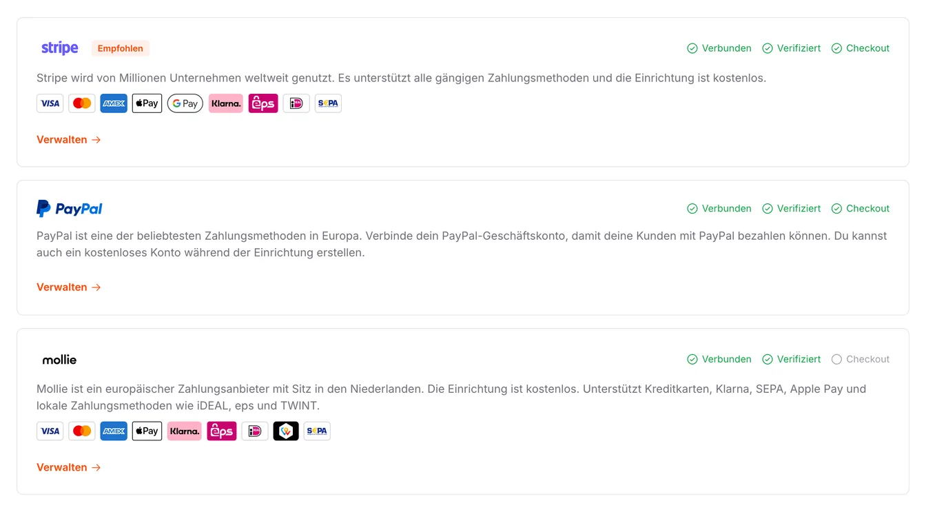 Die Zahlungsanbieter Stripe, PayPal und Mollie mit ihrem Verbindungsstatus