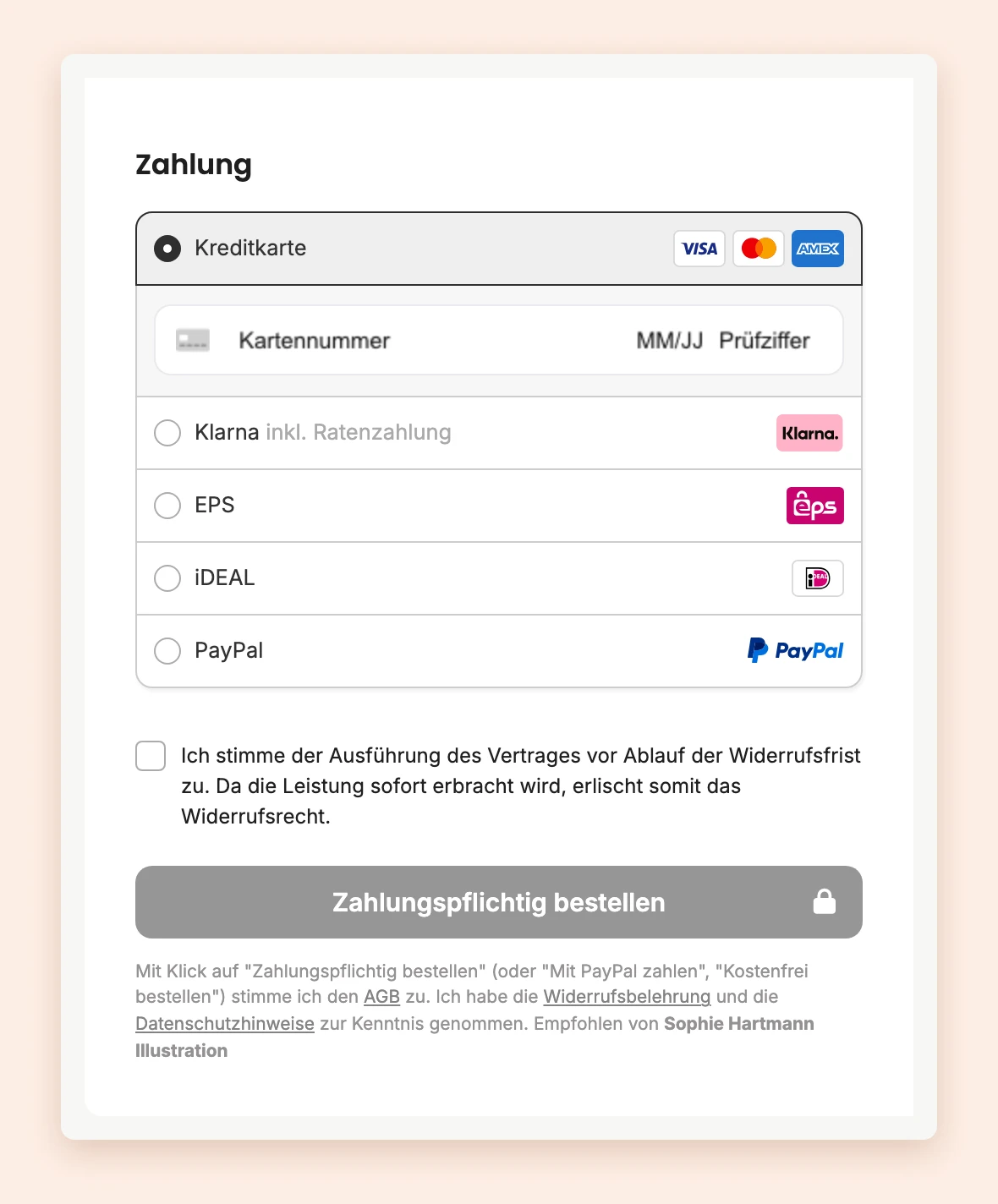 Die Bezahlseite mit dem Hinweis Empfohlen von und dem Namen des Affiliates unter dem Bestellbutton