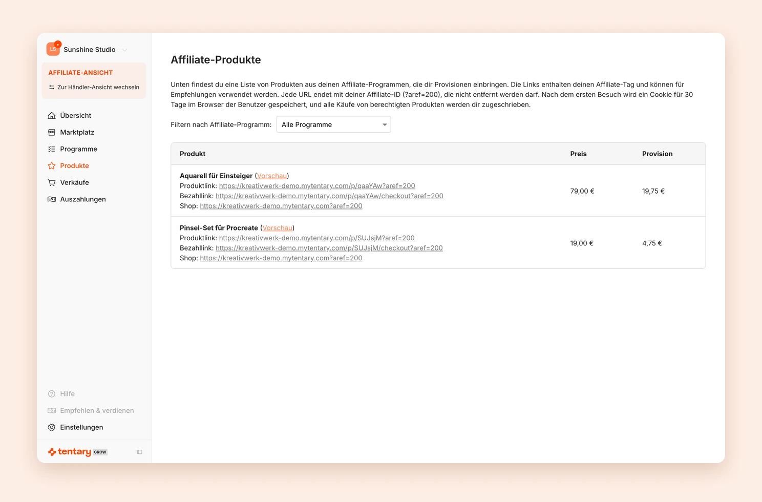 Die Produkte im Affiliate-Hub mit Produktlink, Bezahllink und Shop-Link