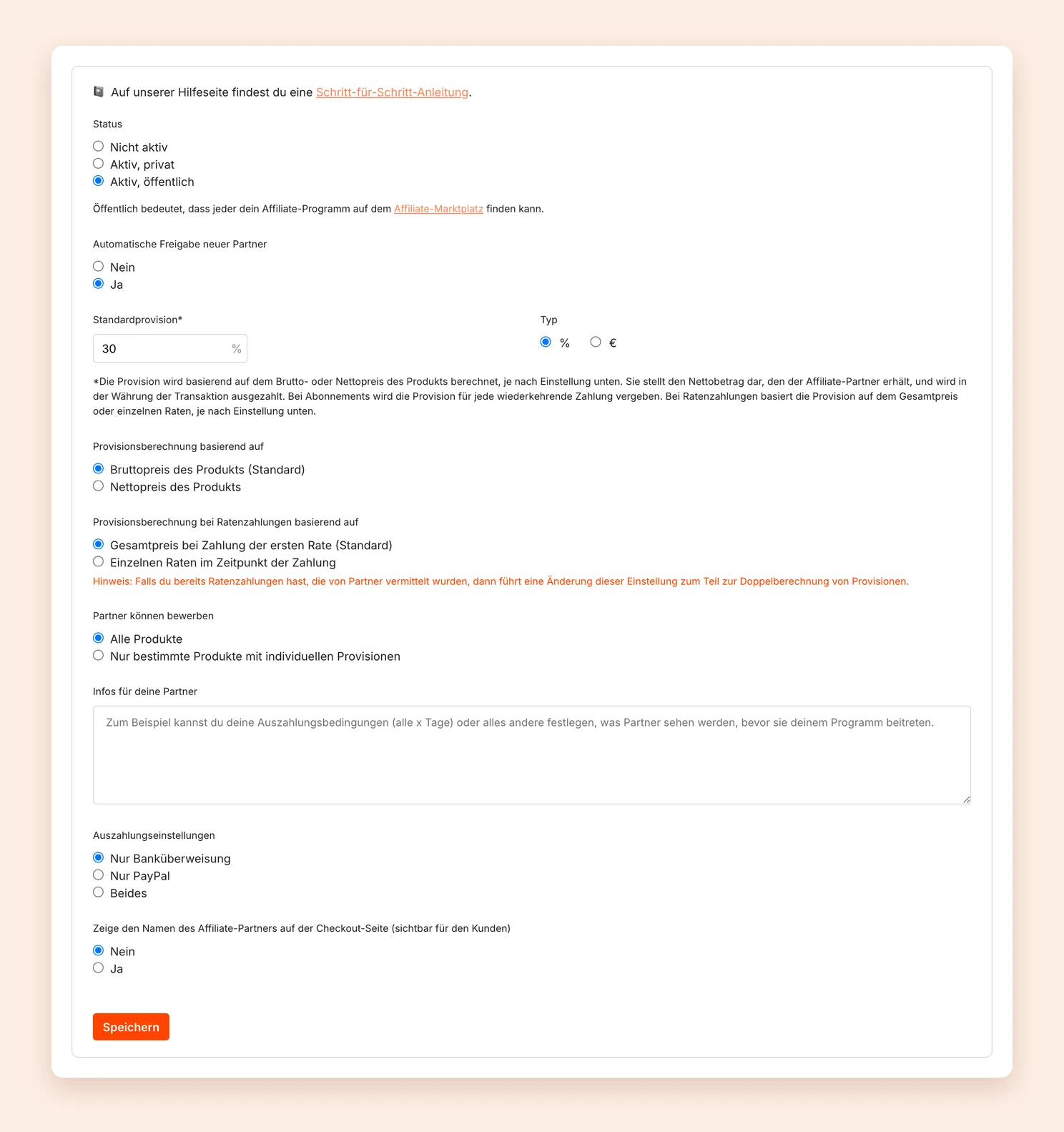 Die Einstellungen des Affiliate-Programms mit Status, Provision und Auszahlungseinstellungen