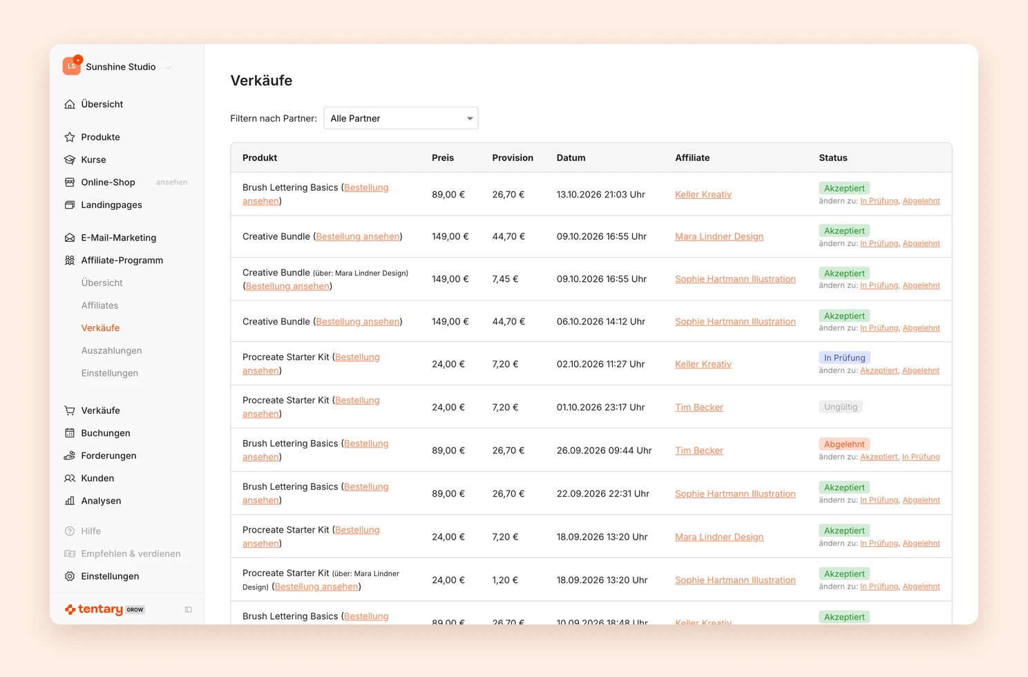 Die Verkäufe des Affiliate-Programms mit Provision, Affiliate und Status