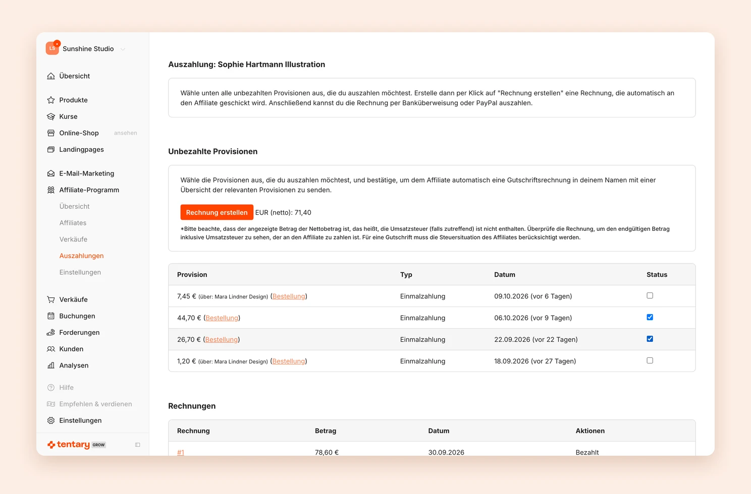 Die Auszahlungsseite eines Affiliates mit ausgewählten Provisionen und dem Button Rechnung erstellen