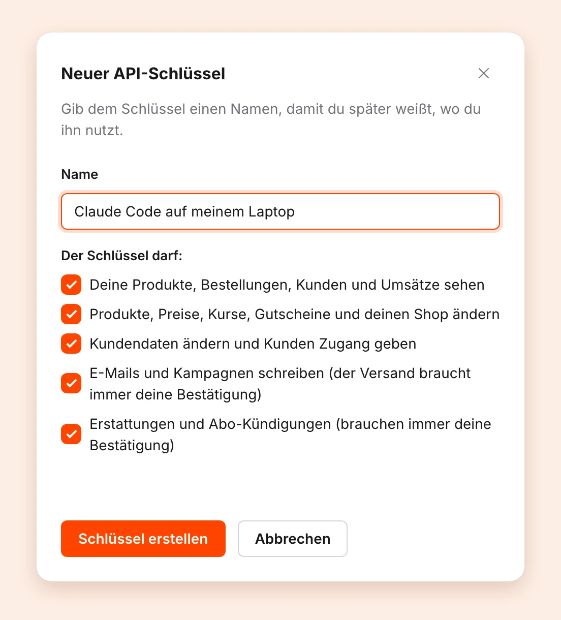 Das Fenster Neuer API-Schlüssel mit Name und Berechtigungen
