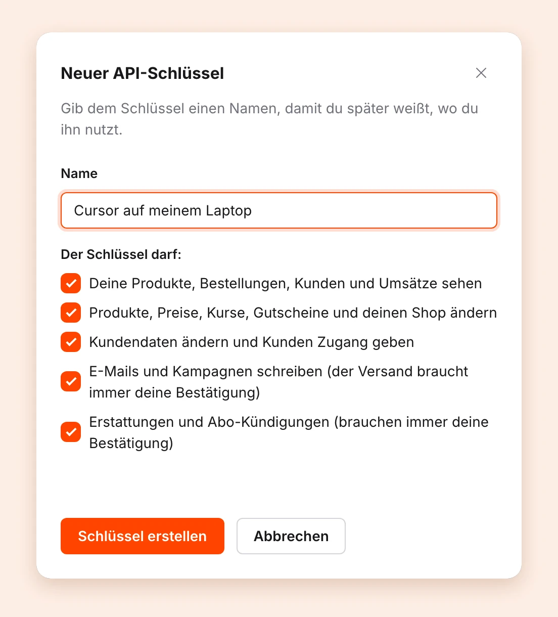 Das Fenster Neuer API-Schlüssel mit Name und Berechtigungen
