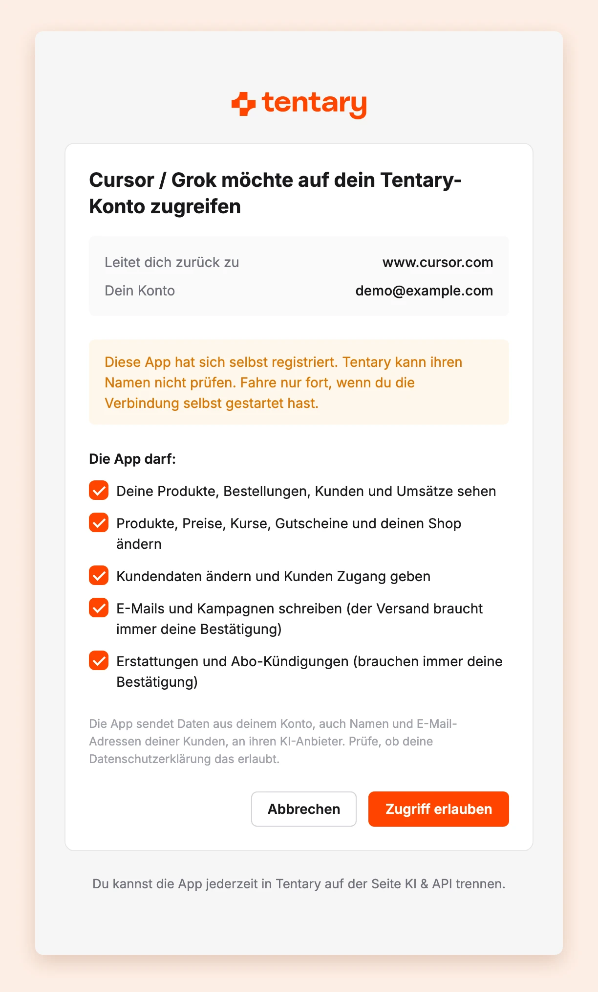 Die Seite zum Erlauben mit „Cursor / Grok“, der Rücksprungadresse www.cursor.com und der Warnung, dass sich die App selbst registriert hat