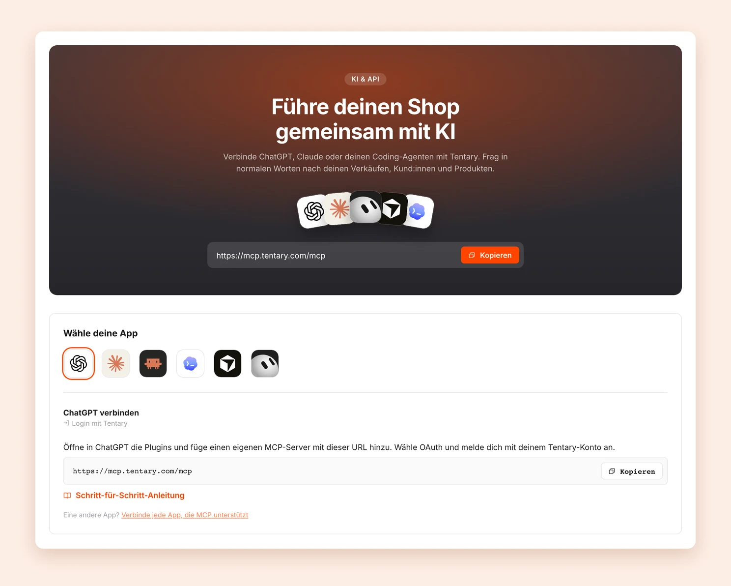 Die Seite KI & API mit der Adresse des MCP-Servers und der Auswahl Wähle deine App