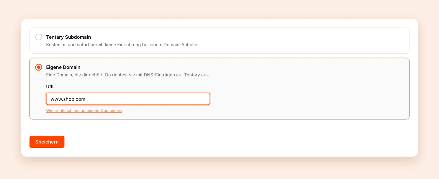 Die Domaineinstellungen mit der Option Eigene Domain und www.shop.com im Feld URL