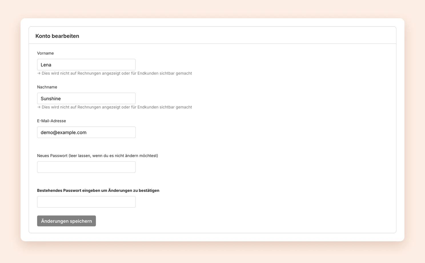 Die Seite Konto bearbeiten mit den Feldern für Name, E-Mail-Adresse und Passwort