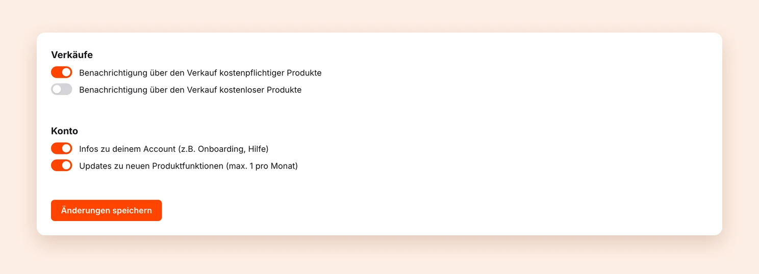 Die Seite E-Mail Benachrichtigungen mit den Schaltern für Verkäufe und Konto