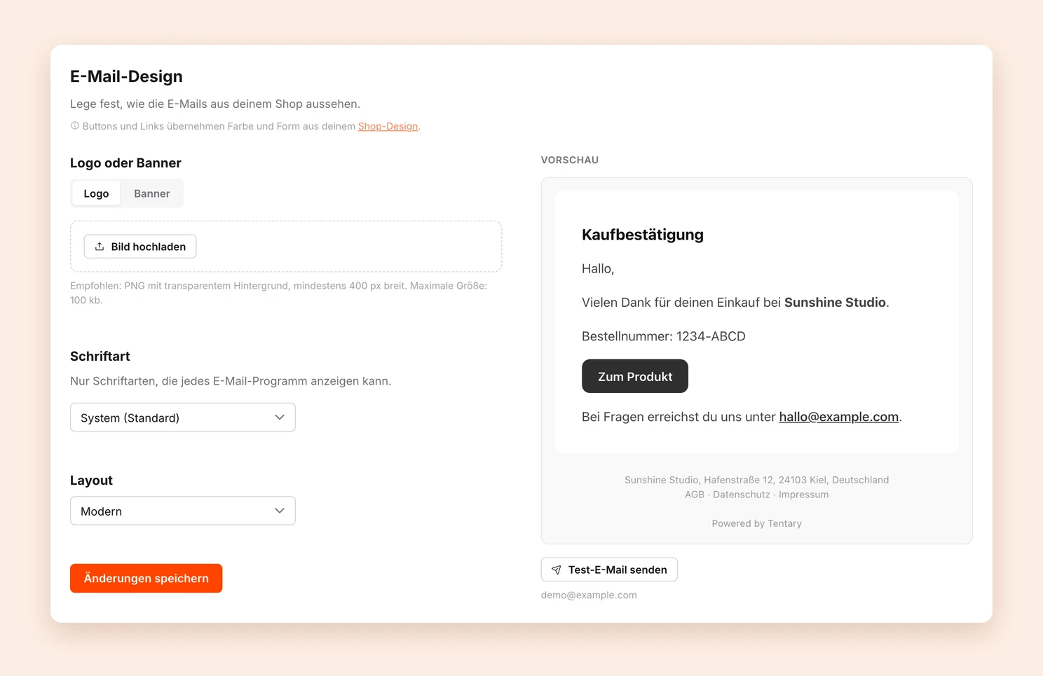 Die Seite E-Mail-Design mit den Einstellungen links und der Vorschau einer Kaufbestätigung rechts