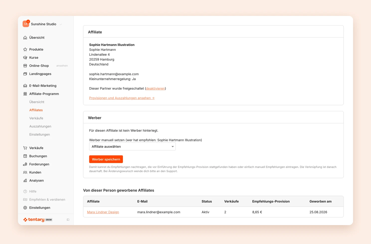Die Detailseite eines Affiliates mit den von dieser Person geworbenen Affiliates