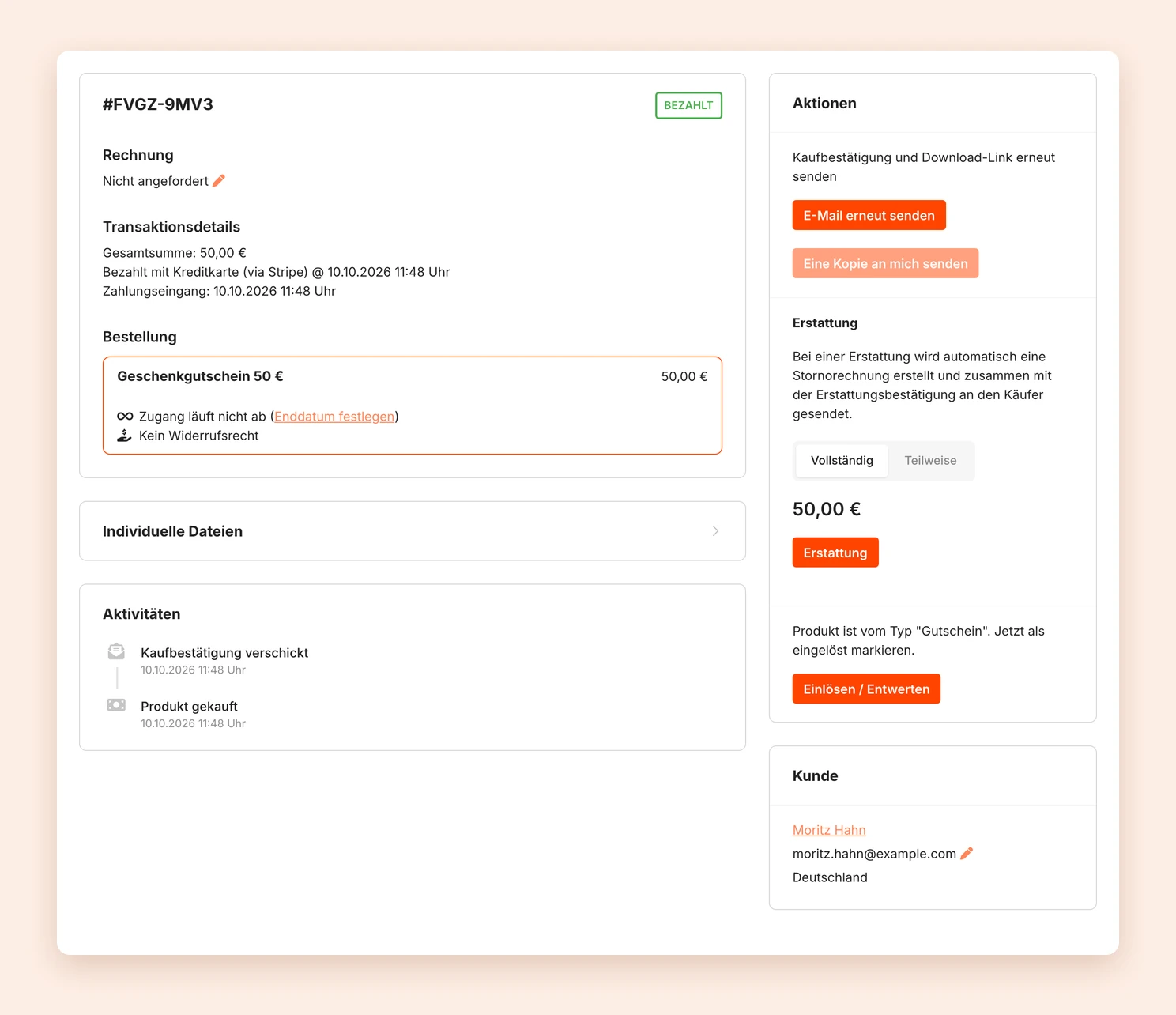 Die Bestellung eines Gutscheins mit dem Button Einlösen / Entwerten