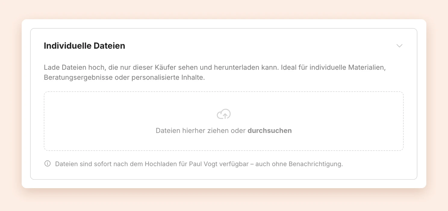 Der Bereich Individuelle Dateien in einer Bestellung mit dem Feld zum Hochladen