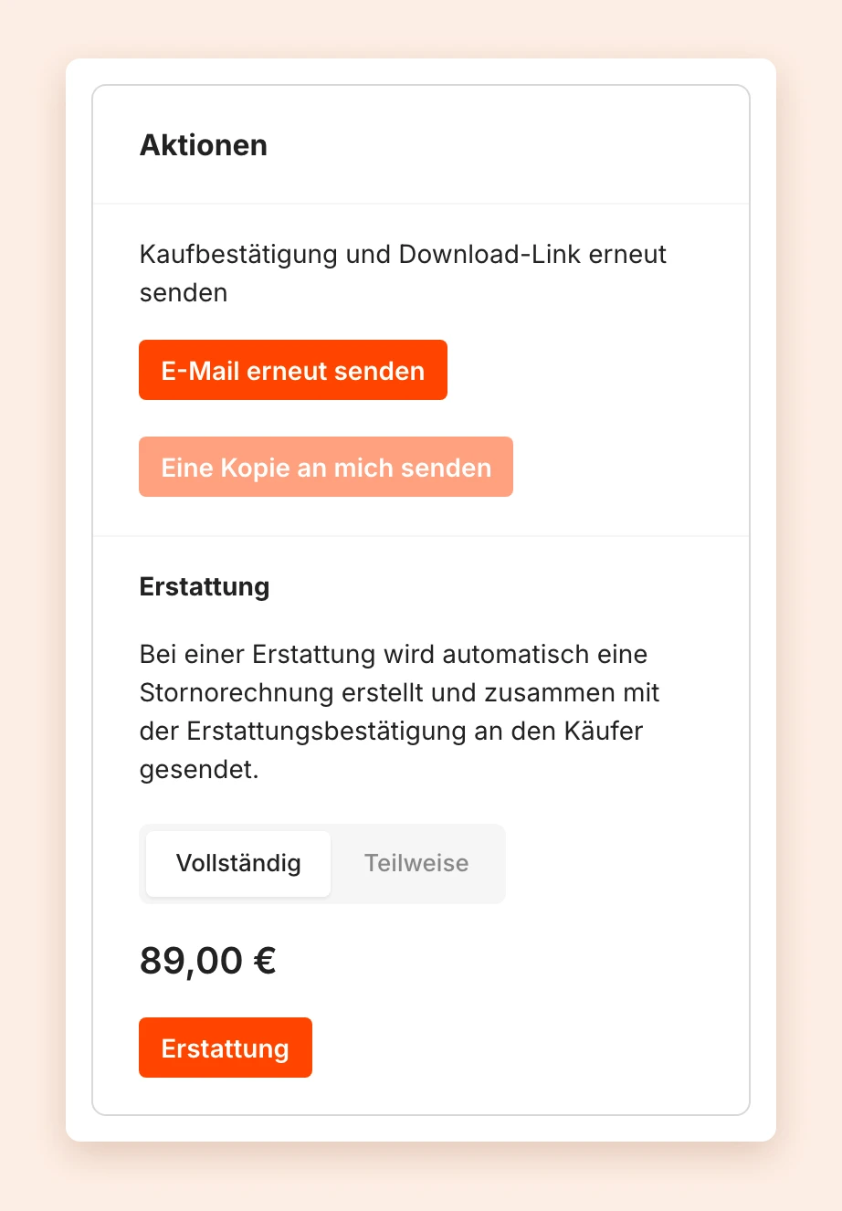 Der Bereich Aktionen einer Bestellung mit den Buttons E-Mail erneut senden und Eine Kopie an mich senden