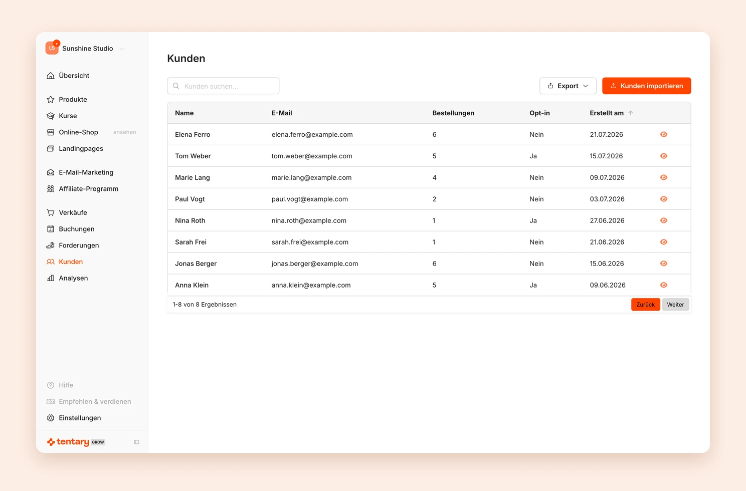 Die Kundenliste mit Suche, Export und dem Button Kunden importieren