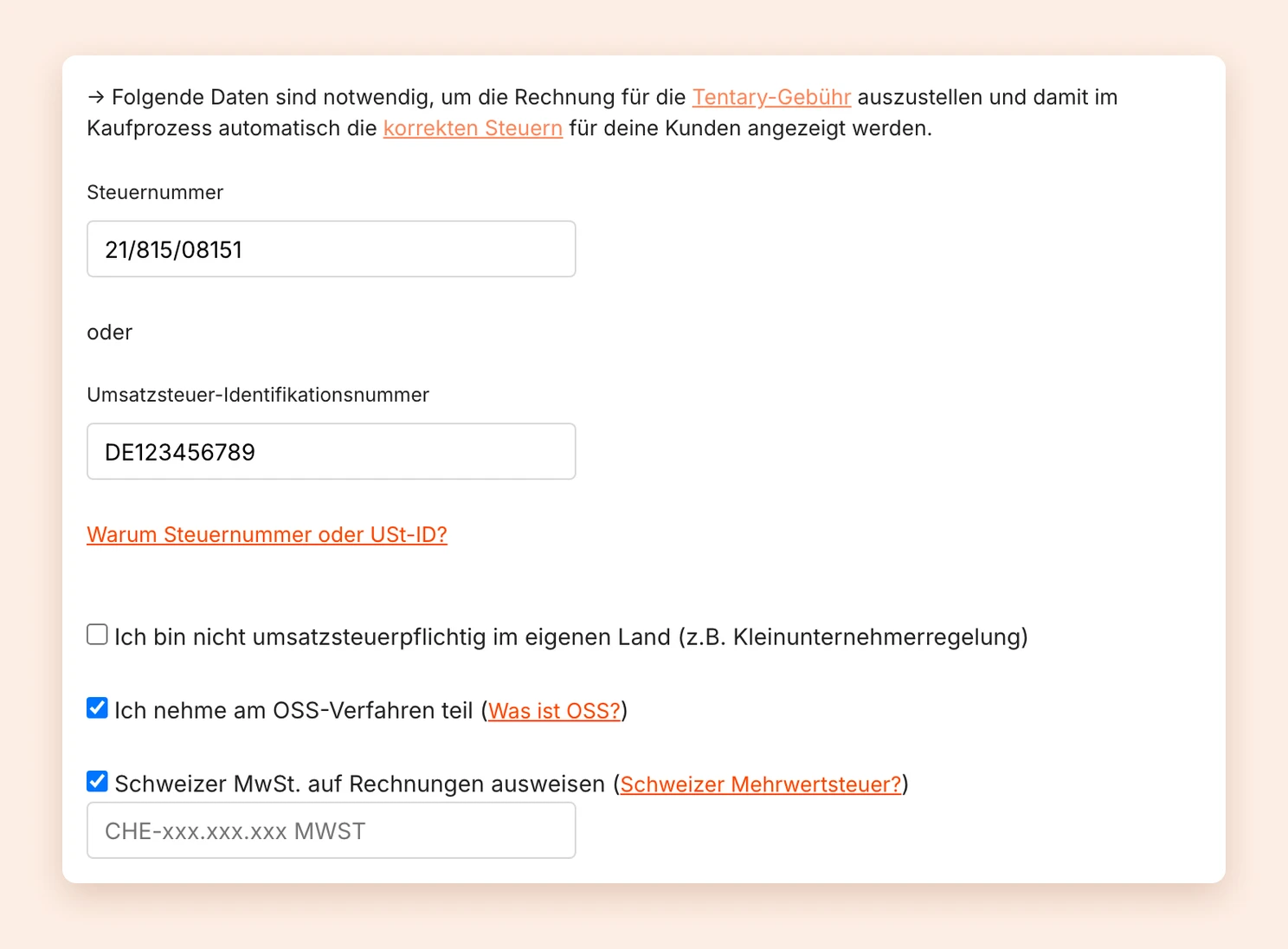 Die Steueroptionen mit Ich nehme am OSS-Verfahren teil, Schweizer MwSt. auf Rechnungen ausweisen und dem Feld für die MwSt.-Nummer