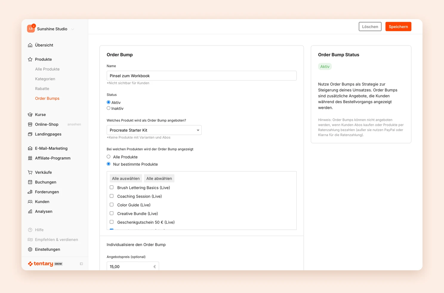 Das Formular für einen neuen Order Bump mit Produkt, Status und Angebotstext