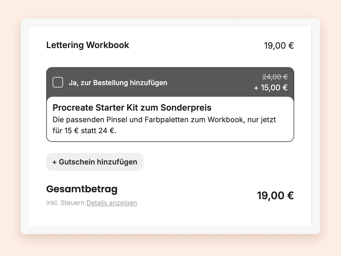 Die Bestellübersicht auf der Bezahlseite mit einem Order Bump unter dem Produkt