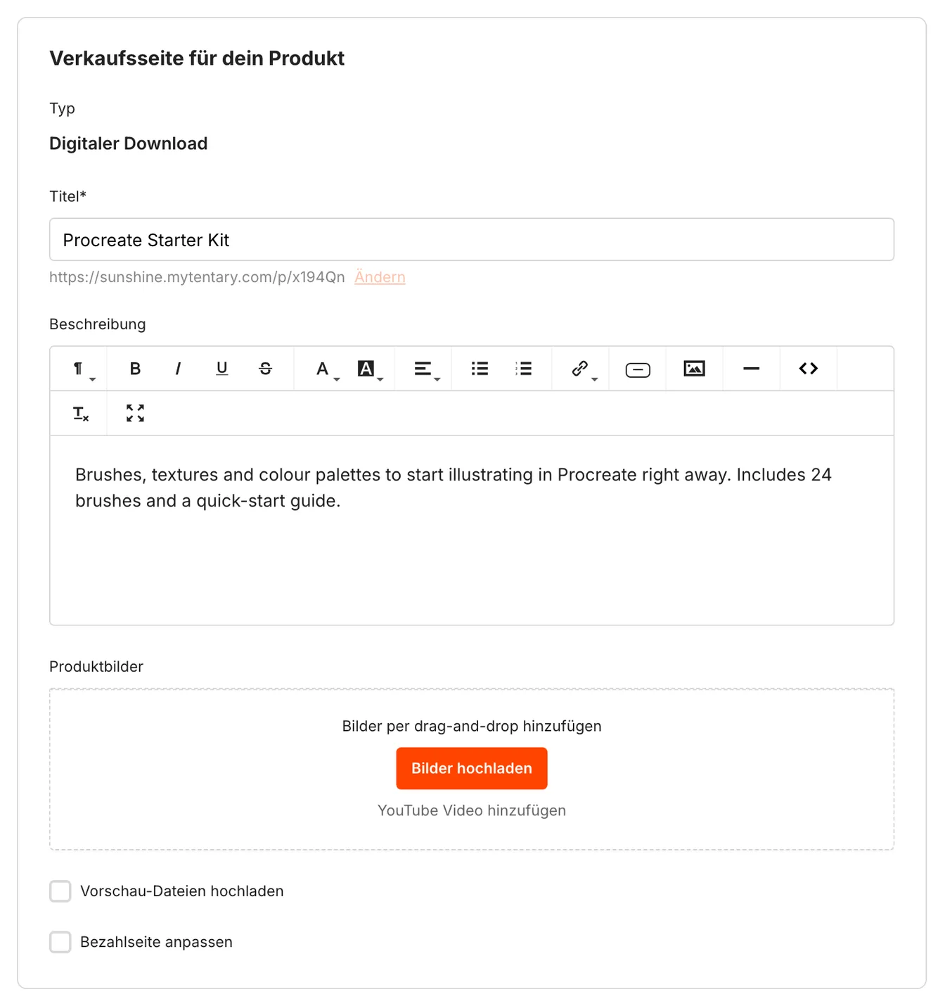 Der Bereich Verkaufsseite mit Titel, Beschreibung, Produktbildern, Vorschau-Dateien und den Feldern für die Bezahlseite