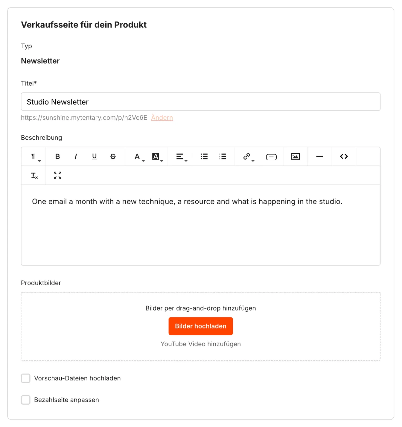 Der Bereich Verkaufsseite mit Titel, Beschreibung, Produktbildern, Vorschau-Dateien und den Feldern für die Bezahlseite