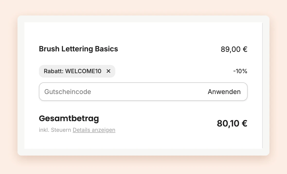 Die Bezahlseite mit einem eingelösten Rabattcode und dem reduzierten Gesamtbetrag