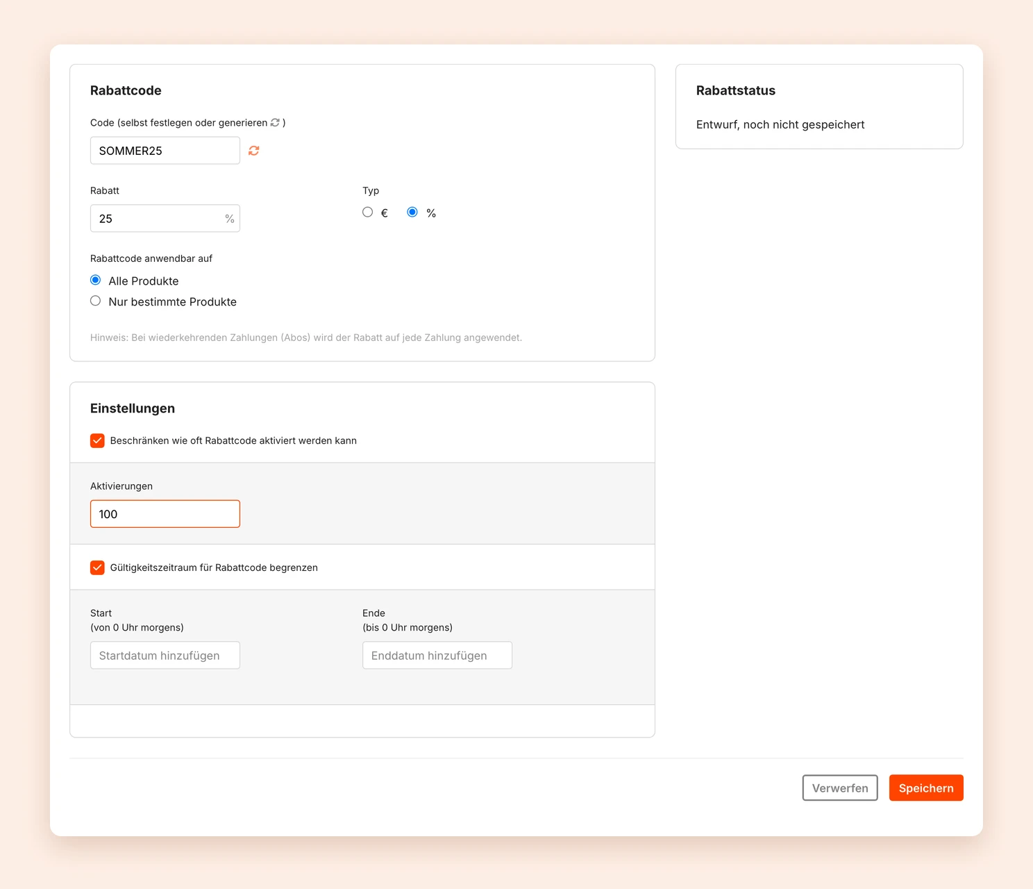 Das Formular für einen neuen Rabattcode mit Code, Rabatt, Typ und den Einstellungen