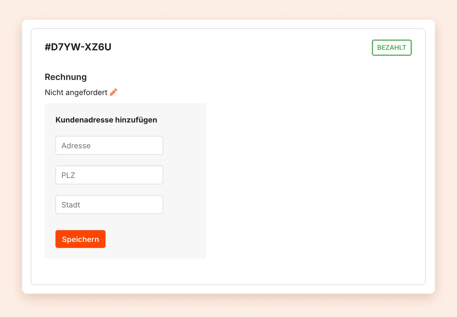 Der Bereich Rechnung einer Bestellung mit dem Status Nicht angefordert und dem Formular Kundenadresse hinzufügen
