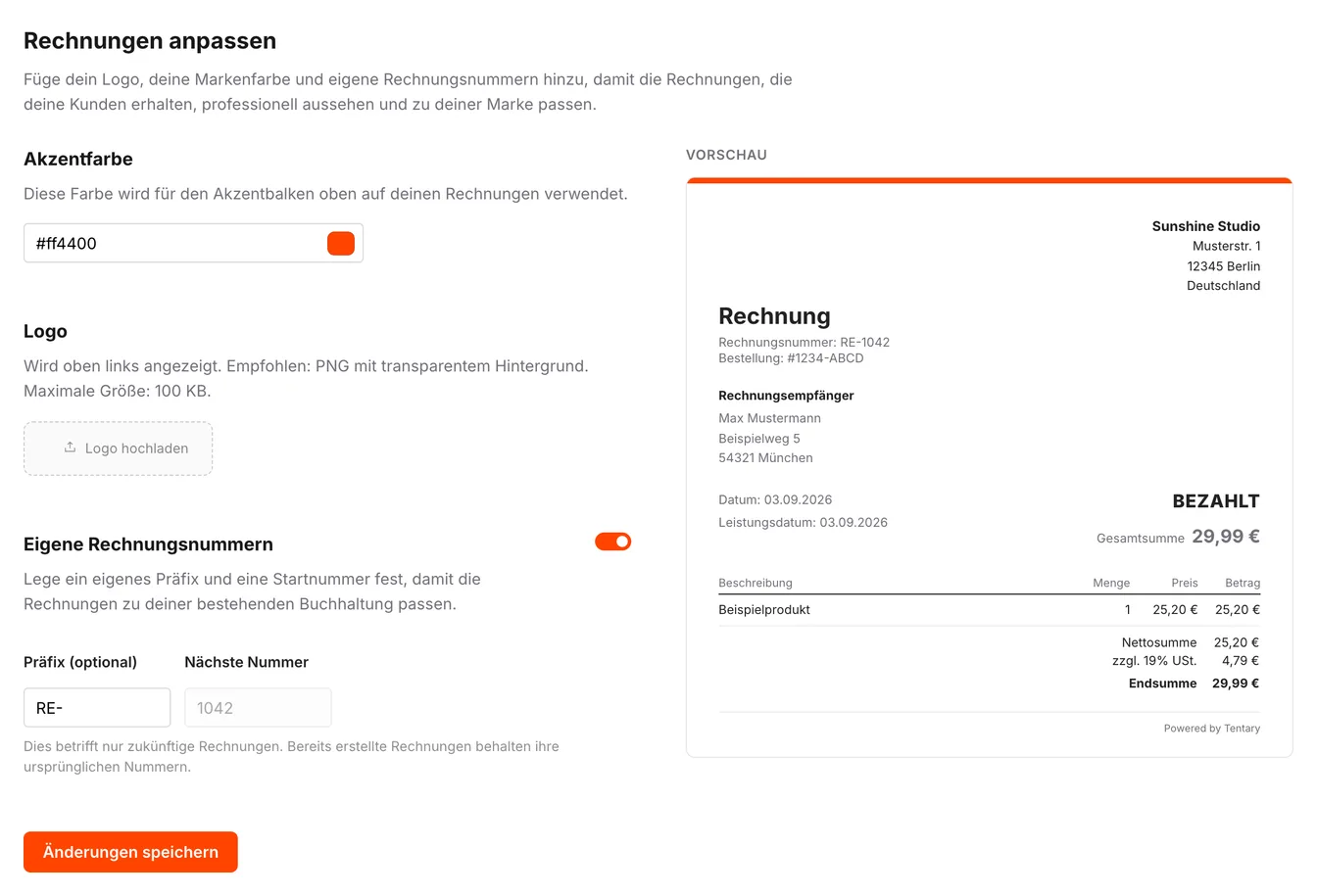 Die Seite Rechnungen anpassen mit Akzentfarbe, Logo, eigenen Rechnungsnummern und der Vorschau