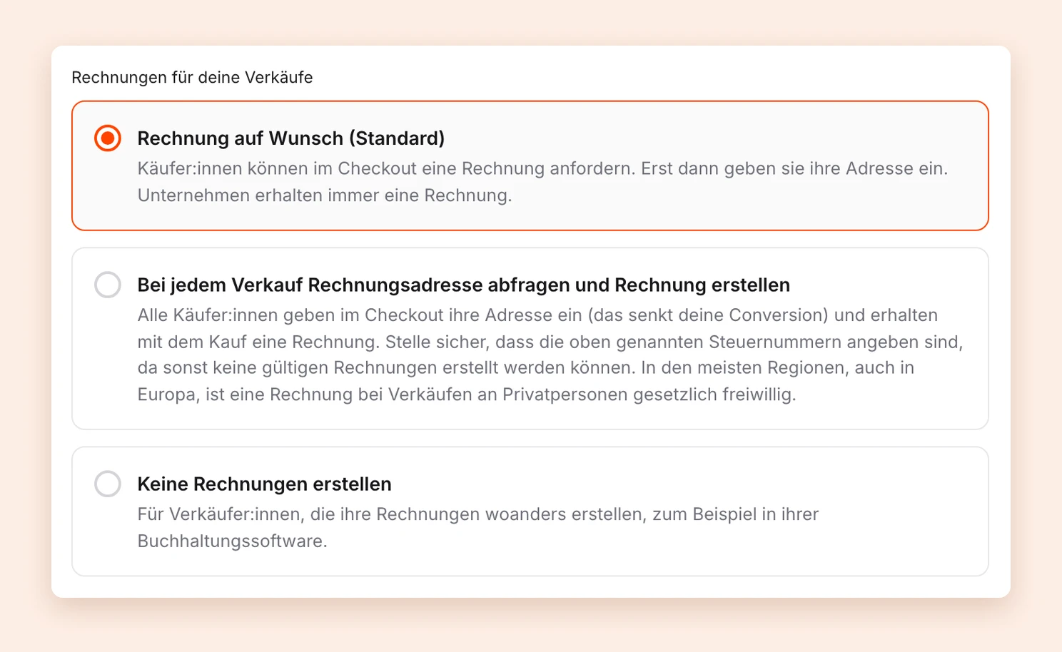 Die drei Optionen unter Rechnungen für deine Verkäufe in den Einstellungen der Rechnungsadresse