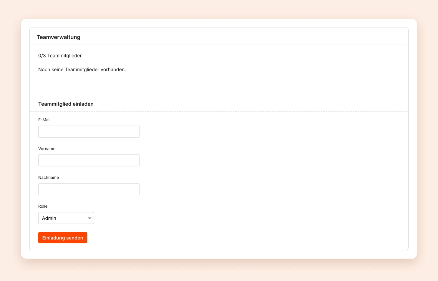 Die Teamverwaltung mit der Mitgliederliste und dem Formular Teammitglied einladen
