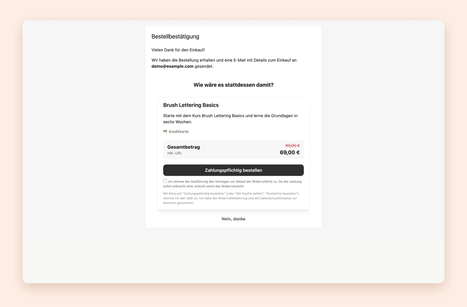 Die Dankeseite mit dem Downsell nach einem abgelehnten Upsell