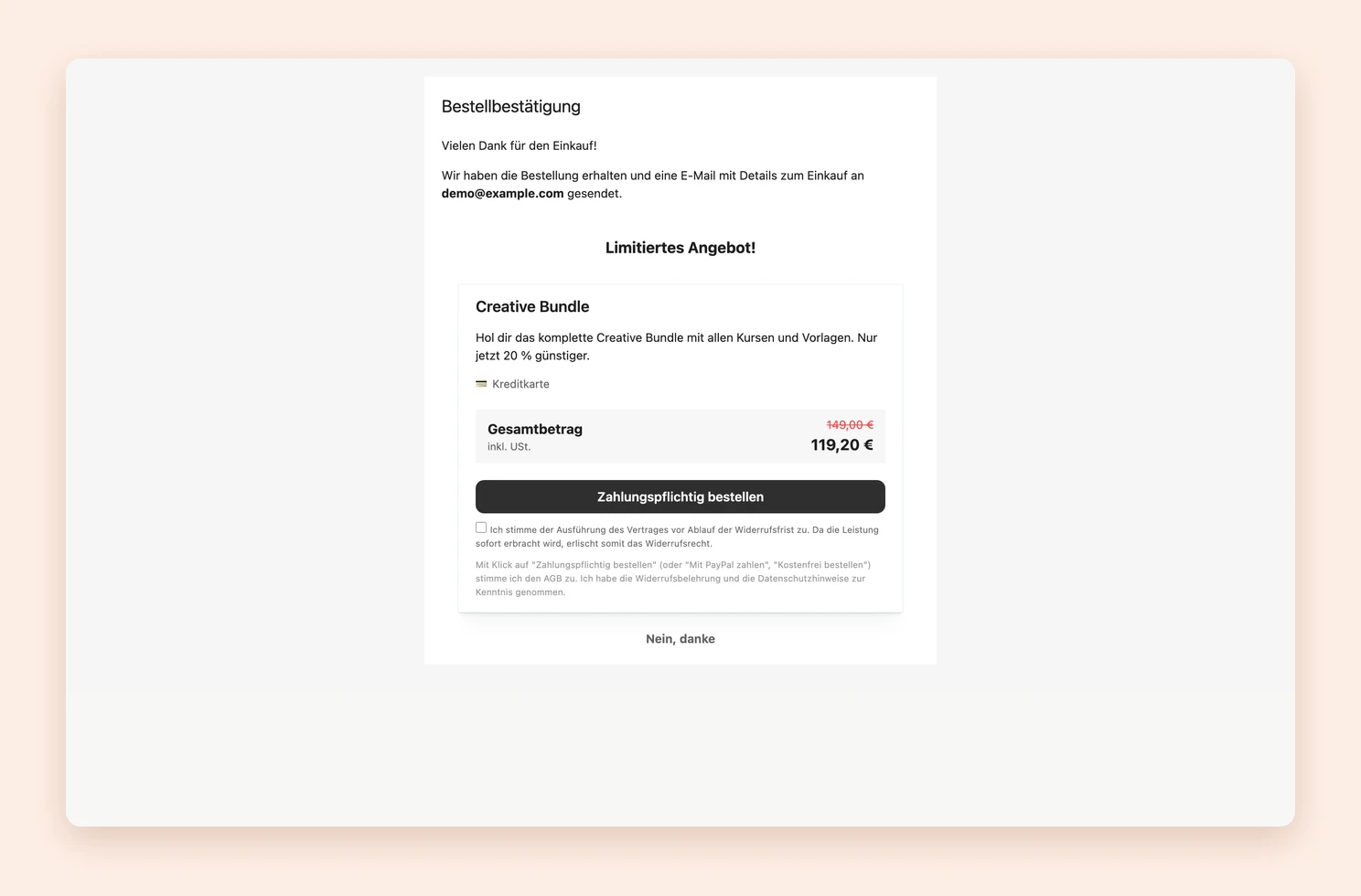 Die Dankeseite mit einem Upsell-Angebot