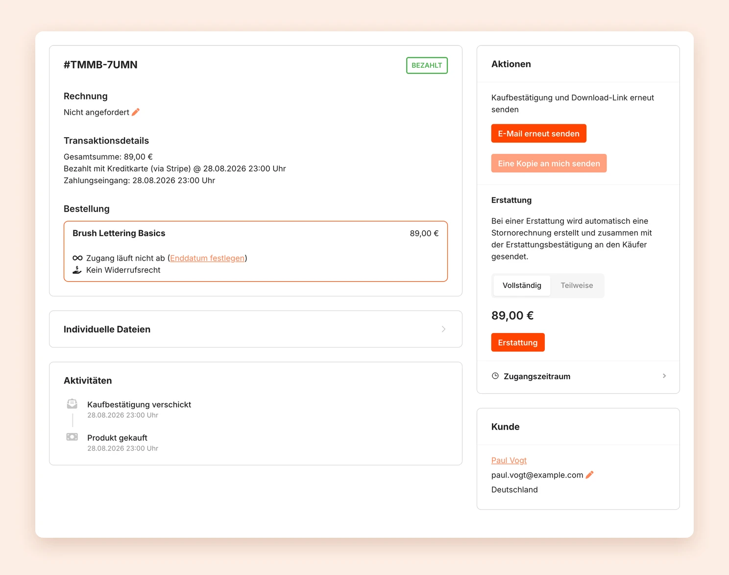 Die Detailansicht einer Bestellung mit Transaktionsdetails, Aktionen und Kundendaten
