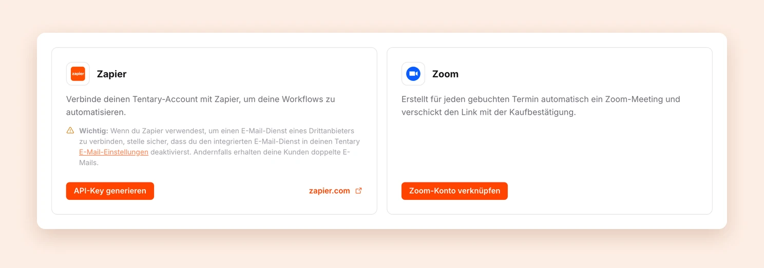 Die Seite Integrationen mit den Kacheln für Zapier und Zoom