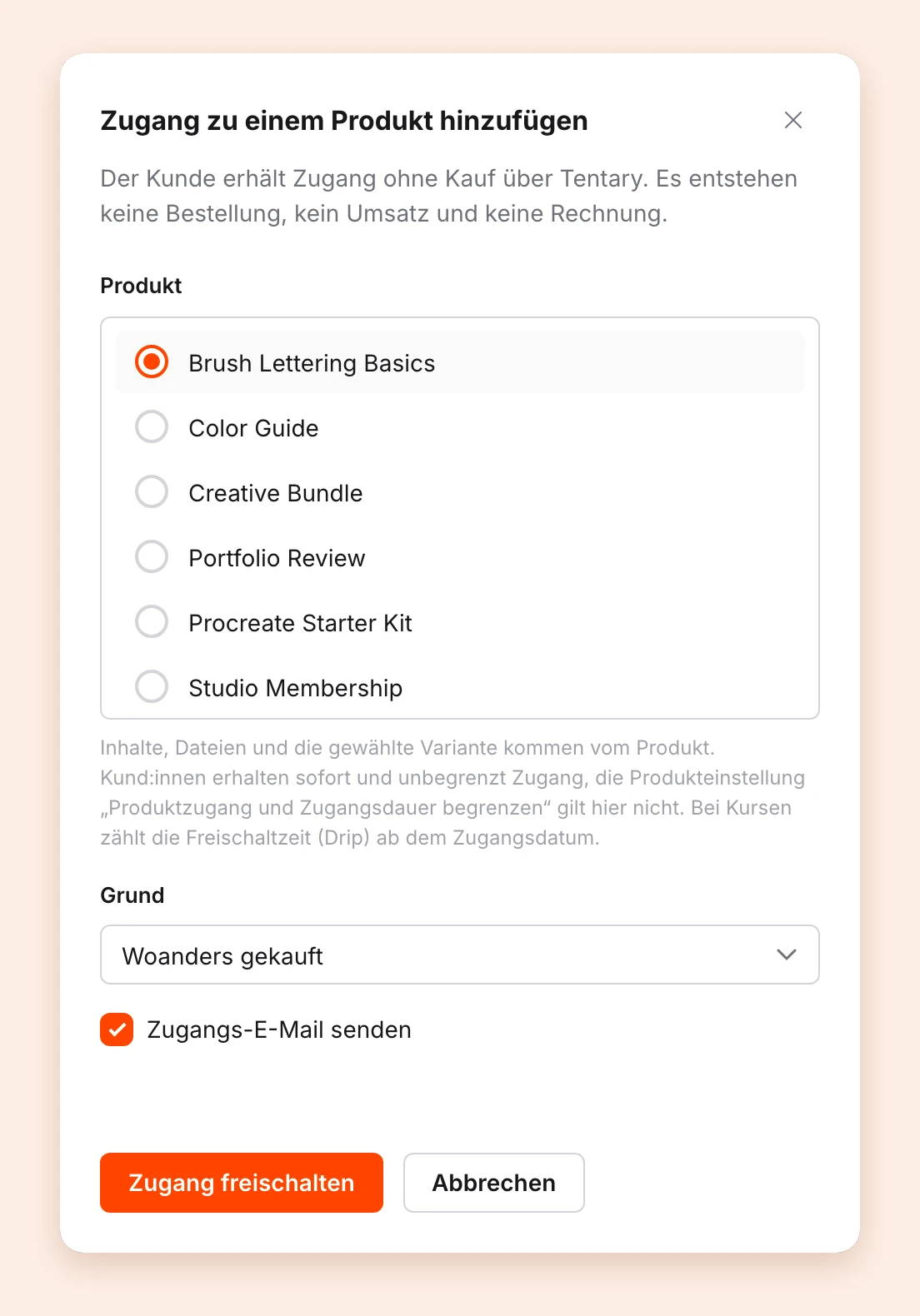 Das Fenster Zugang zu einem Produkt hinzufügen mit Produktauswahl, Grund und Zugangs-E-Mail