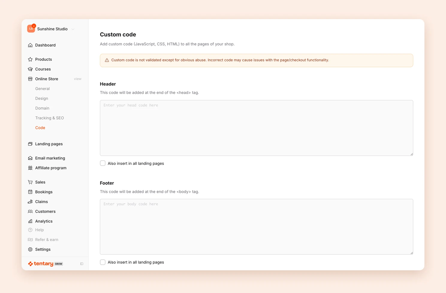 The Custom Code page with the Header and Footer fields and the option to add the code to all landing pages as well