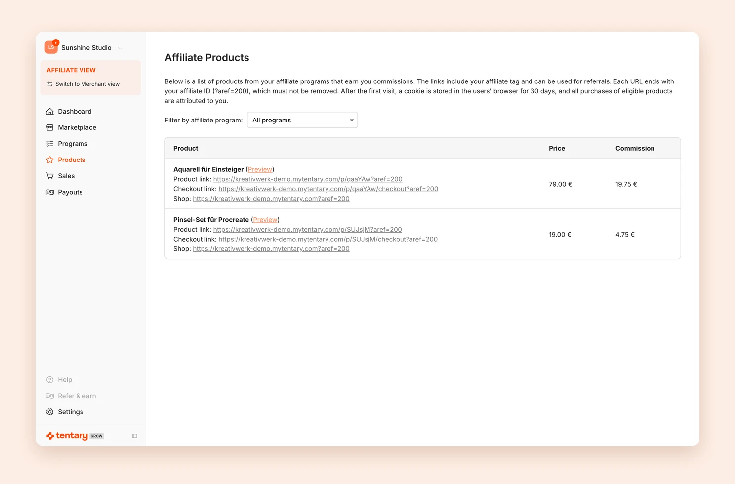 The products in the Affiliate Hub with product link, checkout link and shop link
